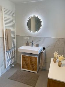 a bathroom with a sink and a mirror at Gemütliche Wohnung am Federsee in Bad Buchau