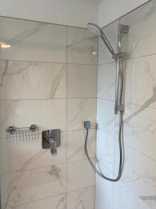 a shower with a shower head in a bathroom at Gemütliche Wohnung am Federsee in Bad Buchau