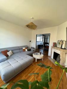 a living room with a couch and a fireplace at Le Gite de la Poterne, maison en bordure du Serein in Chablis