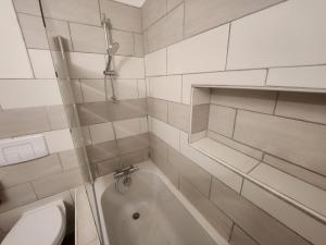 een witte badkamer met een bad en een toilet bij Spacieux 2 chambres, paisible in Bar-le-Duc