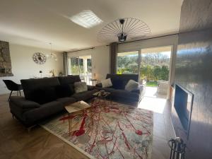 un soggiorno con divano e tappeto di Magnifique villa récente entre mer et montagne située entre Ajaccio et Porticcio a Cauro