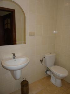 W łazience znajduje się umywalka, toaleta i lustro. w obiekcie Hostel Miłosz w mieście Grabowiec