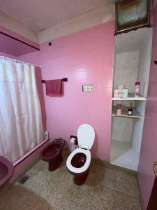 Baño de color rosa con aseo y lavamanos en La Quinta - Casa de Campo Balcarce en Balcarce