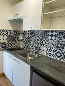 uma cozinha com lavatório e azulejos na parede em Canet-Plage Houstal Résidence em Canet-en-Roussillon