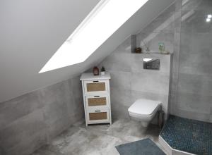 Łazienka z białą toaletą i umywalką w obiekcie Willa Vita - Apartment z kominkiem i dużym tarasem, Sauna, Jacuzzi, Altana z Grill, z możliwością wynajmu dotakowych pokoi - Schönes Appartement mit Kamin und großer Terrasse, Sauna, Jacuzzi, Pavilion mit Grill und der Option zusätzliche Zimmer zu mieten w Stegnie +14 zdjęć