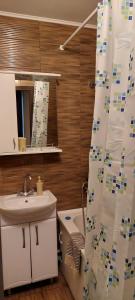 a bathroom with a sink and a toilet and a shower curtain at Центр 3 слободская АТБ in Mykolaiv +10 photos