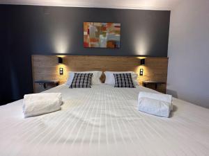 1 dormitorio con 1 cama blanca grande y 2 almohadas en Hôtel au Heimbach, en Lembach