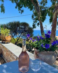 - une bouteille de vin assise sur une table avec des fleurs dans l'établissement Residence VILLA MOROSI - Favone, à Conca