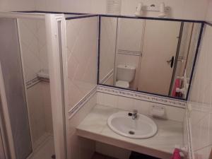 a bathroom with a sink and a mirror and a toilet at Casa Rural La Rosa de los Vientos in Fuente de Piedra