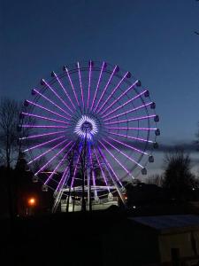 Una gran rueda de la fortuna iluminada por la noche en Apartman Radmanovac, en Vrnjačka Banja