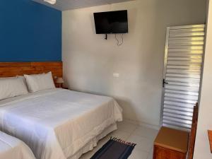 Chalé Canto da Viola في ساو روكي: غرفة نوم مع سرير وتلفزيون على الحائط