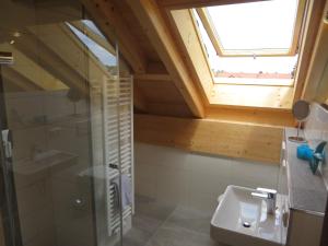 a bathroom with a shower and a sink and a window at Landhaus Familie Doll Ferienwohnung Sunnawind in Bichl