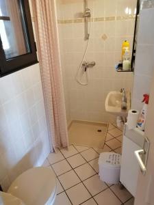uma casa de banho com um WC, um chuveiro e um lavatório. em Landes OCEANES - Chambres privées dans villa avec jardin em Lit-et-Mixe