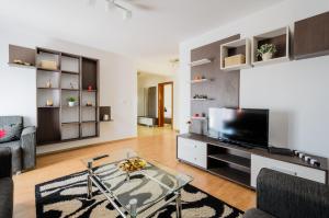 a living room with a couch and a tv at Hotel Apart Tel Aviv in Sebeş