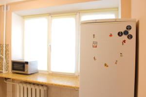 una nevera en una cocina junto a un microondas en Uneed Rooms Harbour, en Kiev