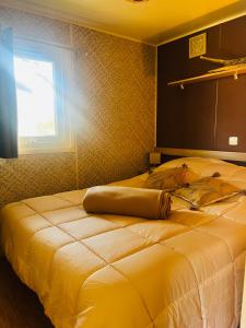 Mobil-home COSY clim&tv-3 Chambres في فيك- لا-غارديول: سرير كبير في غرفة مع نافذة