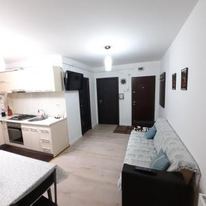 a living room with a couch and a kitchen at Apartament KEPA din Piatra Neamt in Piatra Neamţ