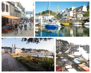 uma colagem de quatro imagens de uma cidade com barcos em Escapade en Bord de mer avec Sauna et Spa Privés em Binic