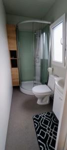 a bathroom with a shower and a toilet and a sink at SAK Mobile Home Pirovac in Pirovac