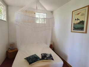 a bedroom with a white bed with a white canopy at Villa Sunshine in La Trinité