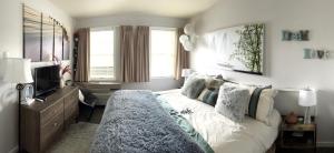 汉考克Gorgeous New Zen Suite Sleeps 4-Ski On Off Jiminy的一间带大床和电视的卧室