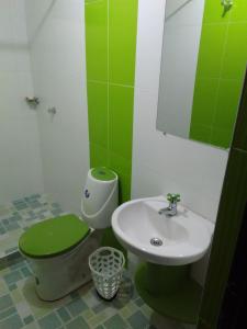 a green and white bathroom with a toilet and a sink at CABAÑA 5-1 CONDOMINIO LOS SAUCES MONIQUIRA in Moniquirá