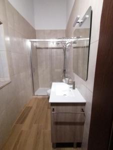 a bathroom with a sink and a mirror and a shower at Casa d'Amêndoa in Felgar