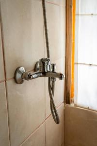 a shower head with a hose in a bathroom at Cabañas Posada de las Flores in Tolhuin