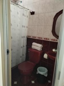 W łazience znajduje się czerwona toaleta i umywalka. w obiekcie ECO ART Best view Machu Picchu w Machu Picchu