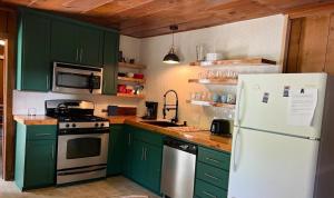 een keuken met groene kasten en een witte koelkast bij Cabin #8 in Strawberry
