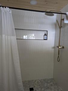 a shower with a shower curtain in a bathroom at Cabin #8 in Strawberry