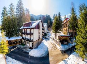 an aerial view of a house in the snow at Cabana Din Poienita in Poiana Brasov