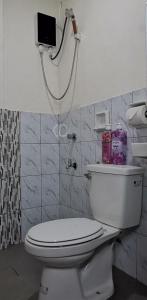 a bathroom with a white toilet and a shower at CHATEAU DE CHLOE - 3 Bedroom Entire Apartment for Large Group in Tacloban