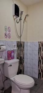 baño con aseo y ducha con TV en la pared en CHATEAU DE CHLOE - 3 Bedroom Entire Apartment for Large Group, en Tacloban