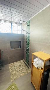 ein Bad mit einer Dusche, einem Waschbecken und einem Tisch in der Unterkunft 3 bedrooms house with terrace and wifi at Trou aux Biches in Trou aux Biches
