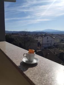 a cup of coffee sitting on a ledge with a view at Apartments Josif in Gevgelija
