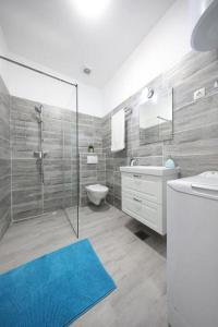 een badkamer met een douche, een toilet en een wastafel bij Apartments Miku in Pridraga