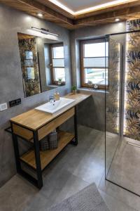 a bathroom with a sink and a shower at Dychnijzese in Czarna Góra +55 photos