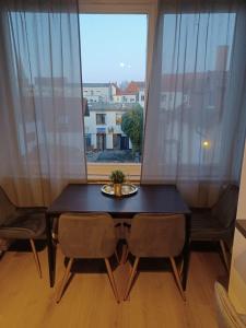 mesa y sillas en una habitación con ventana en CITYLIFE Apartments Economy Osnabrück, en Osnabrück