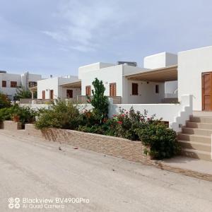 uma fila de casas brancas com flores numa rua em Margaritis Apartments 2 em Agia Anna (Naxos)