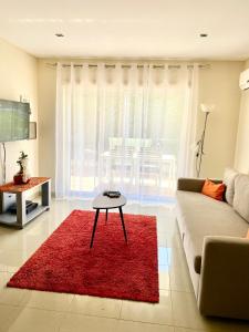 a living room with a couch and a red rug at Condomínio Olhos D'água T1 - Praia, sol e felicidade in Olhos de Água