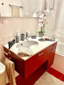 a bathroom with a sink and a bath tub at Condomínio Olhos D'água T1 - Praia, sol e felicidade in Olhos de Água