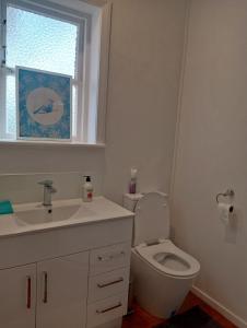 a bathroom with a toilet and a sink and a window at Little Gem - City Centre in Hamilton