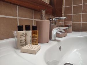 a bathroom sink with toiletries sitting on top of it at Darsena B&B tra Arte e Mare in Ravenna +32 photos