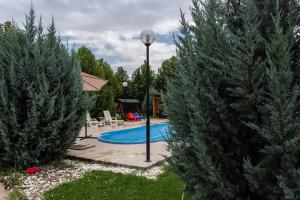 einen Pool in einem Garten mit Bäumen in der Unterkunft Luxury Radox Apartment Airport Bucharest 2 in Otopeni