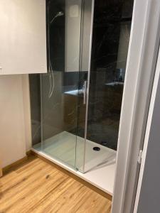 een glazen douche in een kamer met een houten vloer bij Madame Mouette in Blankenberge