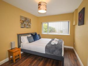 a bedroom with a large bed with a window at Coedfan in Ruthin