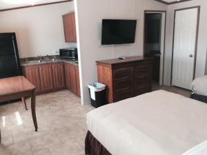 Dormitorio con cama, escritorio y TV en Oasis Lodge, en Big Lake