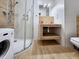 W łazience znajduje się umywalka z prysznicem i pralka. w obiekcie Lucky-Time pl - 2 pokoje - Ostrów Tumski we Wrocławiu