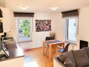 a living room with a couch and a table at Zentrale Ferienwohnung in Aalen City mit 4-Sternen in Aalen